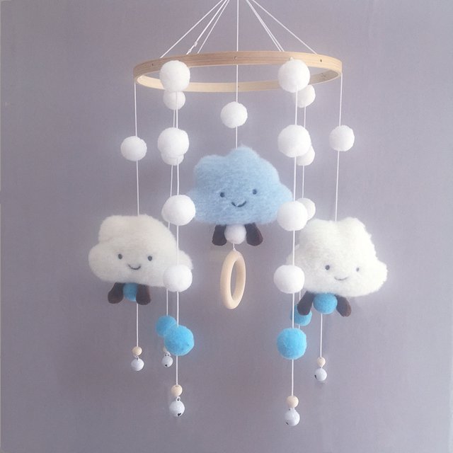 Campana móvil de madera para cuna de bebé, campana de cama, nubes, techo móvil para bebé, decoración de guardería (azul)