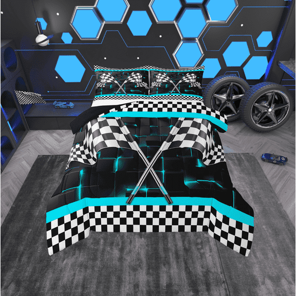 Erosebridal Checkered Flag Bedding Sets Twin with Comforter, Neon Square Duvet Insert, Sports Car Decor, Breathable 2-Piece