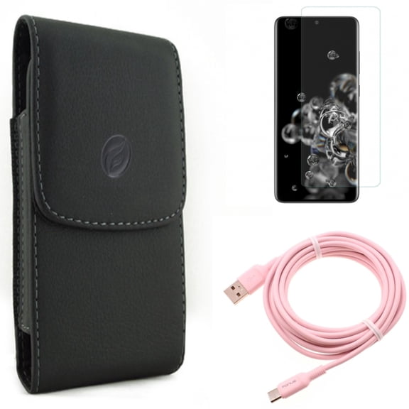Case Belt Clip w 10ft Long USB-C Cable w Screen Protector for Samsung Galaxy S20 Ultra - Leather Holster Cover, Pink Charger Cord Power Wire, Tempered Glass [Fingerprint Unlock] fits Galaxy S20 Ultra