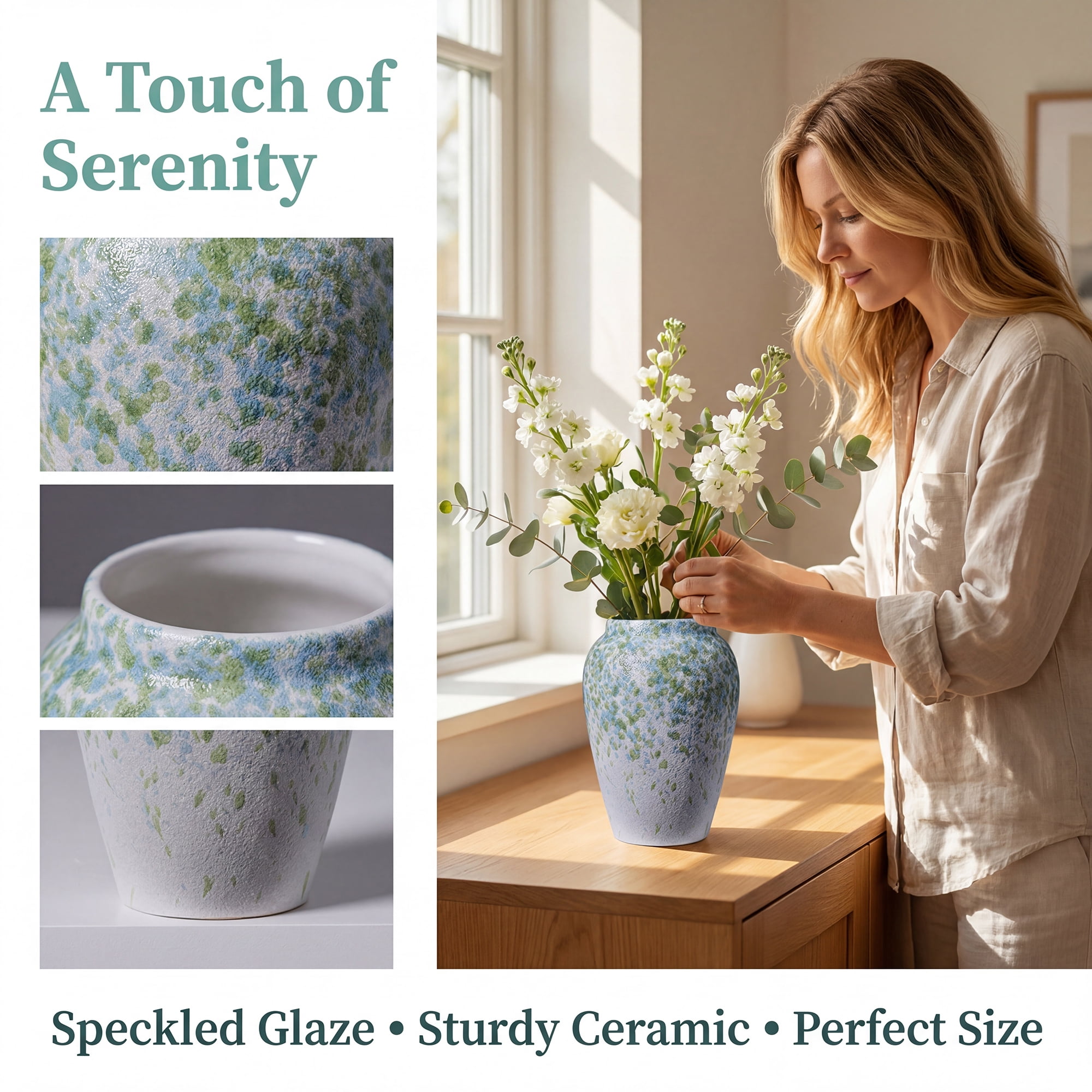 Unique Bargains Modern Flower Vase Matte Ribbed Opening Decorative Blue-Green