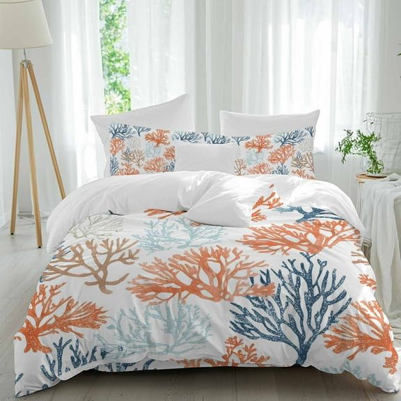 Summer Ocean Duvet Cover Set Queen Size Orange Teal Blue Coral Coastal Nautical Soft Lightweight Comforter Covers 4 Piece Bedding Set with 1 Duvet Cover 1 Bed Sheet & 2 Pillow Shams