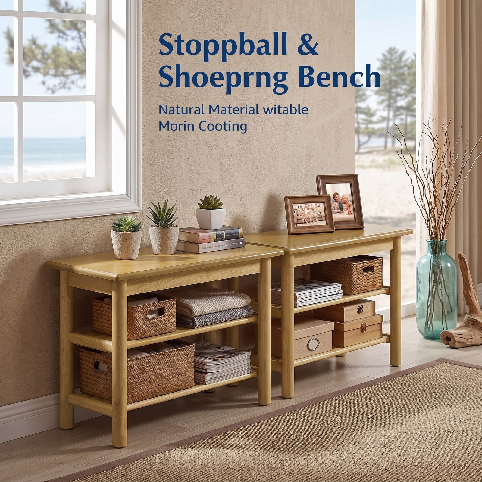 Furnibear 3-Tier Rubberwood Shoe Rack Bench with Wide Seat and Slatted Storage Shelves for Entryway Bedroom and Living Room, Natural