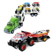 Mozlly Bundle of Friction Powered Hauler ATVs or Monster Trucks Car Carrier Playset & Monster Truck with Speed Boat Trailer Transport Toys - Push & Go Toy Cars For Girls & Boys - Styles May Vary