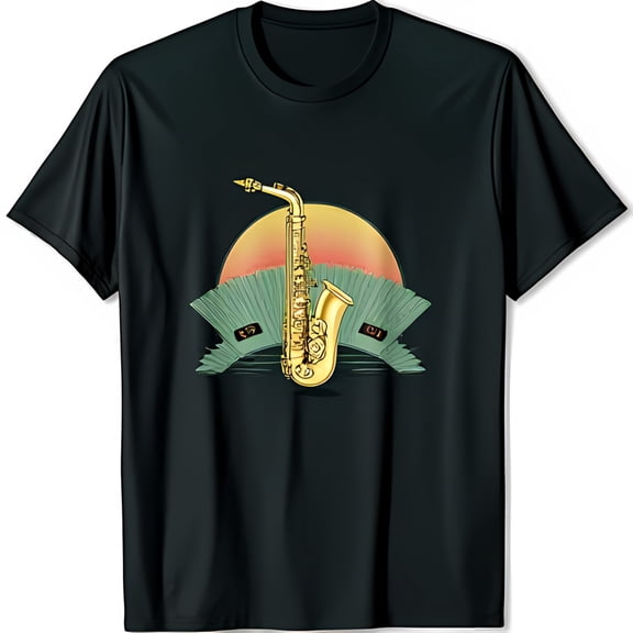 Gold Saxophone Graphic on Black T-Shirt with Sunset Design
