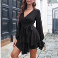 thumbnail image 3 of Vestido corto negro con escote en V, volantes, mangas largas, cintura con lazo y dobladillo mini con vuelo, 3 of 7