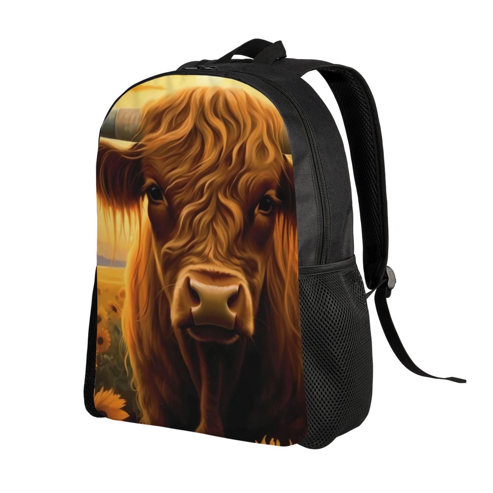 Xecao Sunset Sunflower Cow A Print School Backpack with Laptop Compartment Small Travel Laptop Backpack for Women Men Waterproof College Backpack Simple School Bag