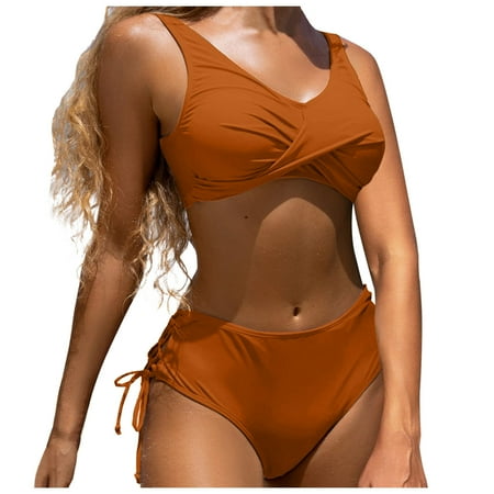 TrendVibe365 Bikinis for Women One Piece Coffee 2 Piece Swimsuits High Waisted Thong Wrap Top Bathing Suits Solid Swimwear Beachwear M