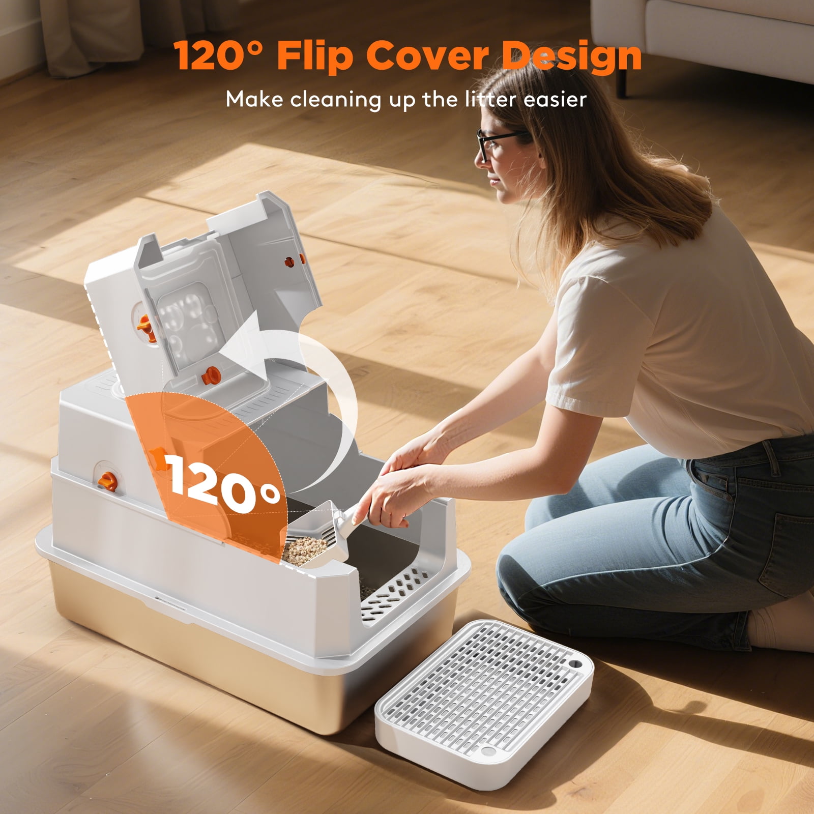 Stainless Steel Litter Box with Lid, Extra Large Enclosed Cat Litter Boxes for Big Cats Multiple, Metal Cat Litter Box with Mat, Silver Gray