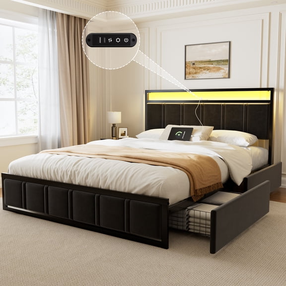 GUNAITO Queen Bed Frame with Headboard, Platform Bed with 2 Drawers, Velvet Upholstered Bed Frame with LED Lights & Charging station，Black