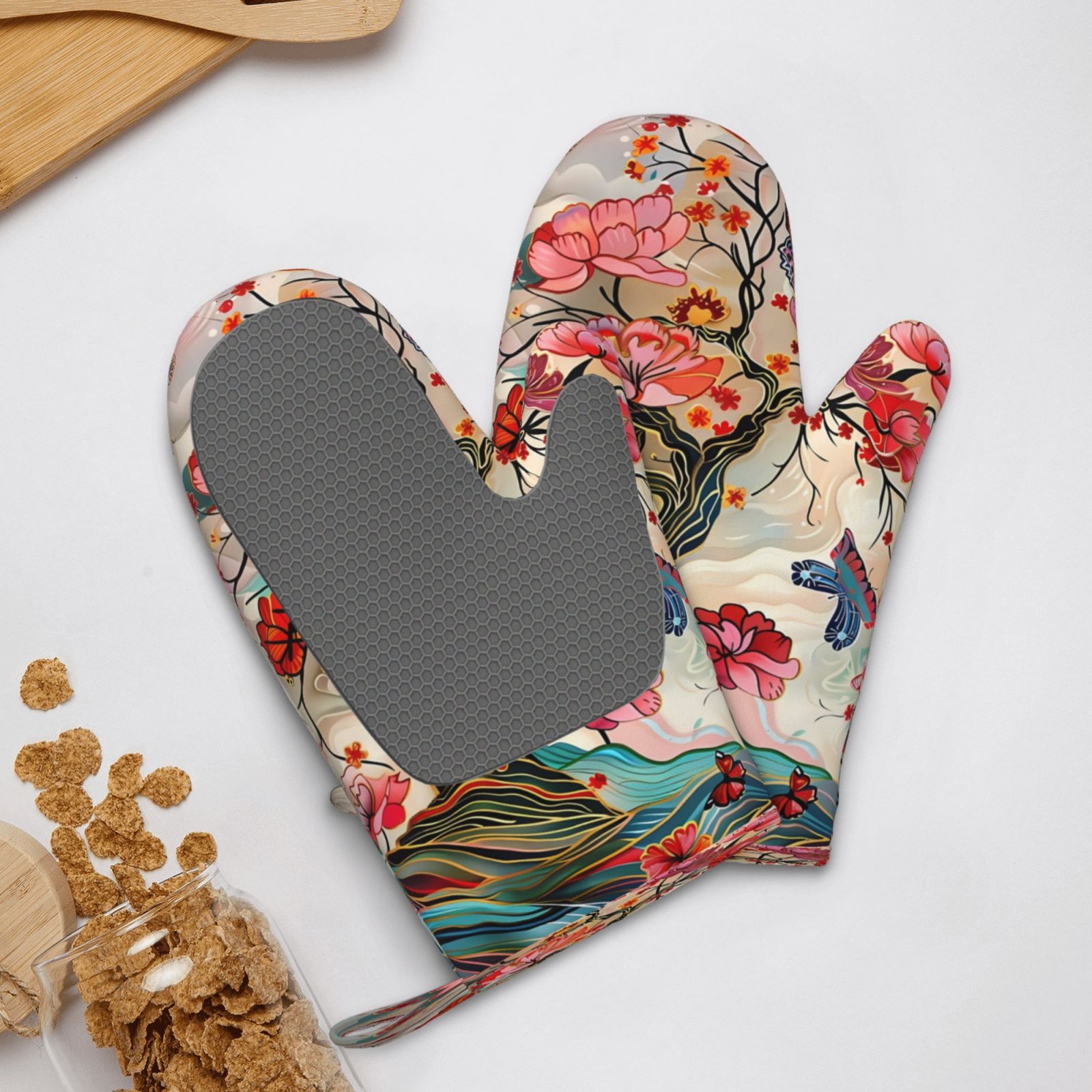 Hirioo Butterflies And Flowers Painting for Silicone Oven Mitts for BBQ, Baking, Cooking, Set of 2, Heat Resistant 260℃, Non-Slip Kitchen Essentials
