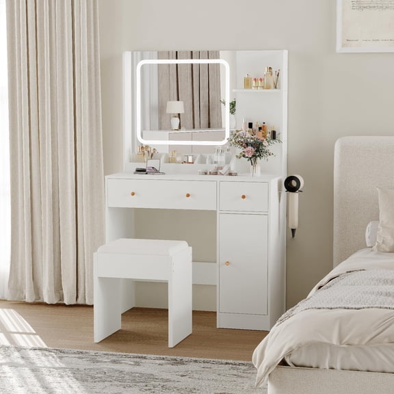 Vanity Desk with Lighted Mirror, Makeup Vanity Table with 4 Drawers, Shelves,3 Color Modes & Adjustable Brightness, Dressing Table Set with Stool for Bedroom