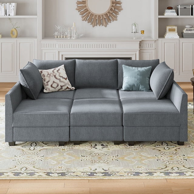 HONBAY Canapé-Lit Modulaire Convertible avec Sièges de Rangement en Gris Bleuâtre, Idéal pour Salons et Appartements. Ce Sofa Sectionnel Présente une Conception Modulaire avec des Compartiments de Rangement Cachés sous Chaque Siège, Mesurant 20,5 Pouces par 20,5 Pouces par 6 Pouces. Comprend Deux Accoudoirs, Cinq Fauteuils Simples et un ottoman, Permettant des configurations comme en Forme de L, en Forme de U Ou un Canapé-Lit. Rembourré en Tissu de Lin Doux avec Rembourrage en Mousse Haute Densité pour le Confort, Soutenu par un Cadre en Bois Massif et des Pieds en Plastique Épaissis. des Coussins Décoratifs