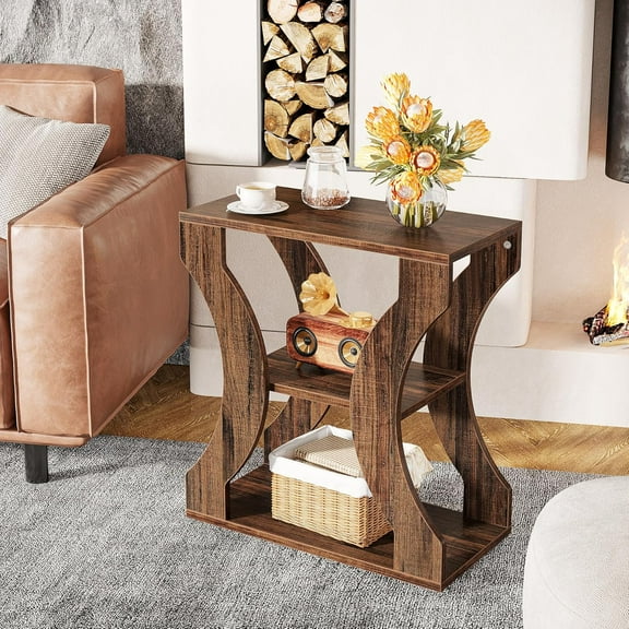 Finmind 24" Farmhouse End Table, 3-Tier Wood Side Table for Living Room, Brown