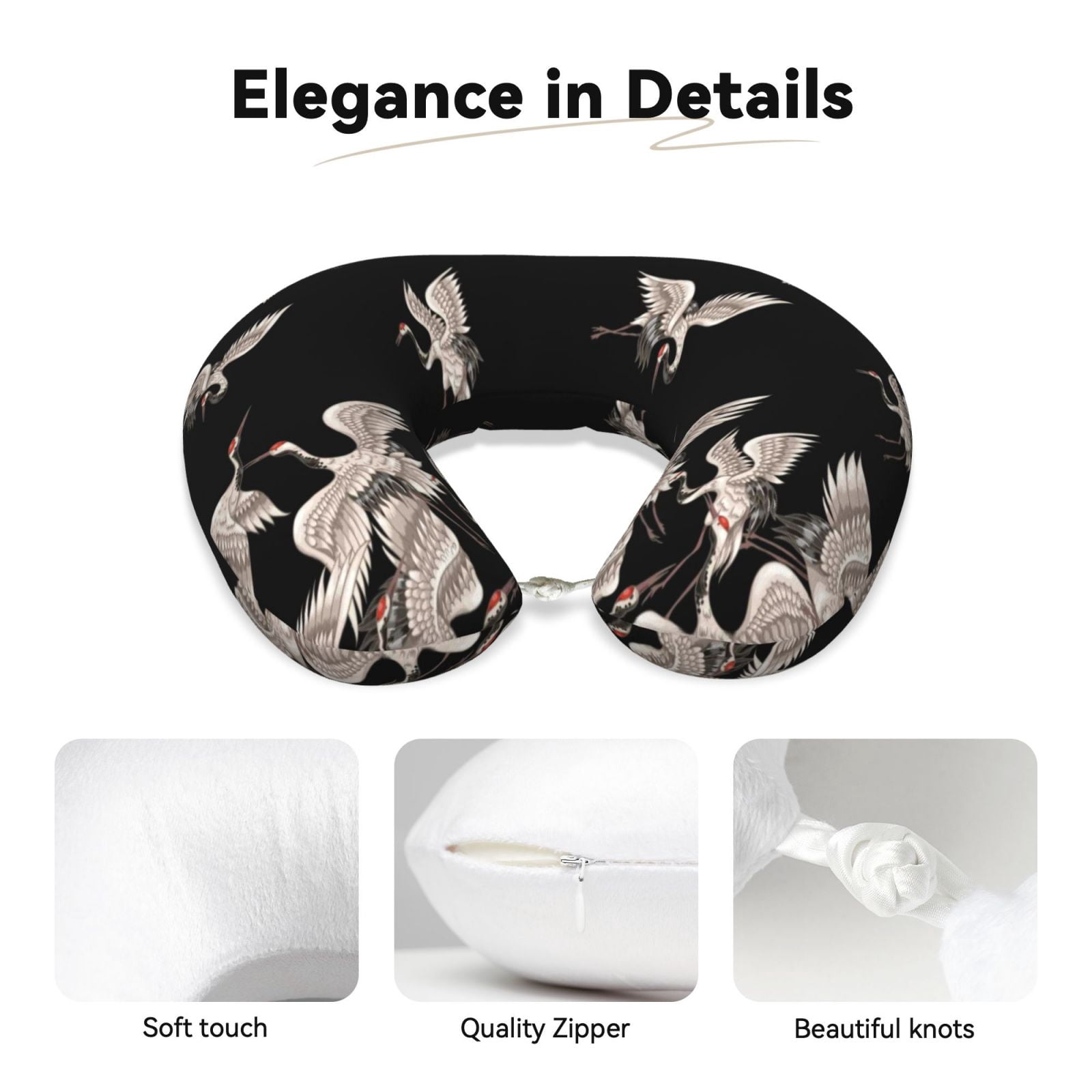 Xecao Japanese White Crane Print Memory Foam Cervical Neck Pillow Versatile U-Shaped Pillows for Home,Office,Camping,Travelling,Soft Washable Cover