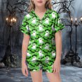 thumbnail image 2 of TOWED22 Halloween Pajamas Girl Silk Pajamas Button Up Shirt and Shorts Satin Pajama Set 2 Piece Loungewear Sleepwear Outfit Sets for 2-13 Years(Green,4-5 Y), 2 of 5
