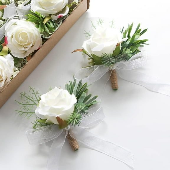 6pcs Rose Artificial Flowers, Ivory Rose Boutonniere for Men Silk Corsage Set for Best Men Groom Groomsmen White Wedding Prom