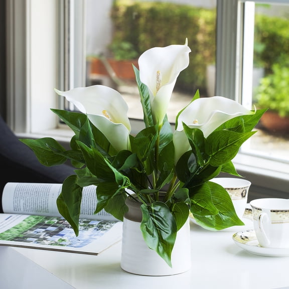 Enova Home Artificial Flowers Mixed Large Cream Real Touch Lily with Green Leaf Fake Silk Flowers Arrangement in Pot for Home Office Wedding Decoration