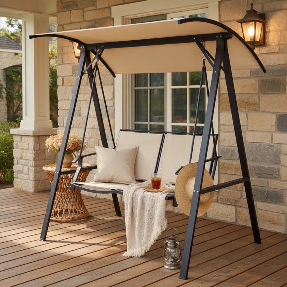 Resenkos Porch Swing, Outdoor Porch Steel Hanging 2-Seat Swing Loveseat with Canopy-Beige, Hanging Outdoor Porch Swings for Garden, Backyard