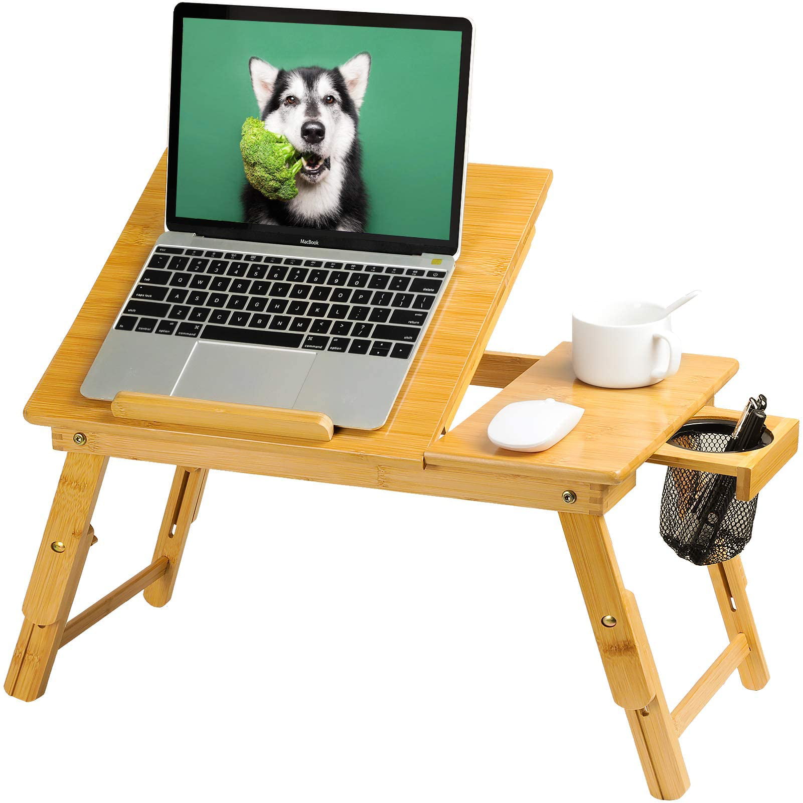 Adjustable Folding Lap Desk Bamboo Laptop Breakfast Tray Natural Bed Table Stand 