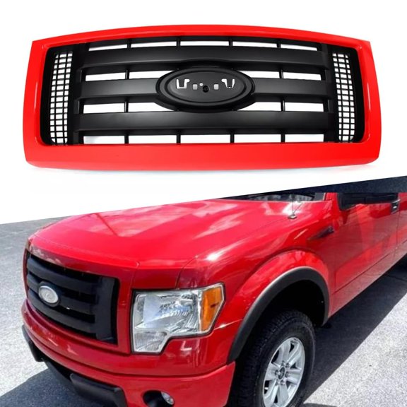ONEPI Race Red Front Grill Compatible with Ford F150 2009 2010 2011 2012 2013 2014 Models, W/ Black Insert, No Emblem