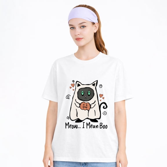 Women's Cotton T-Shirt, Cat Ghost Meow Boo Cute Graphic Crew Neck Short Sleeve Tee for Halloween Party