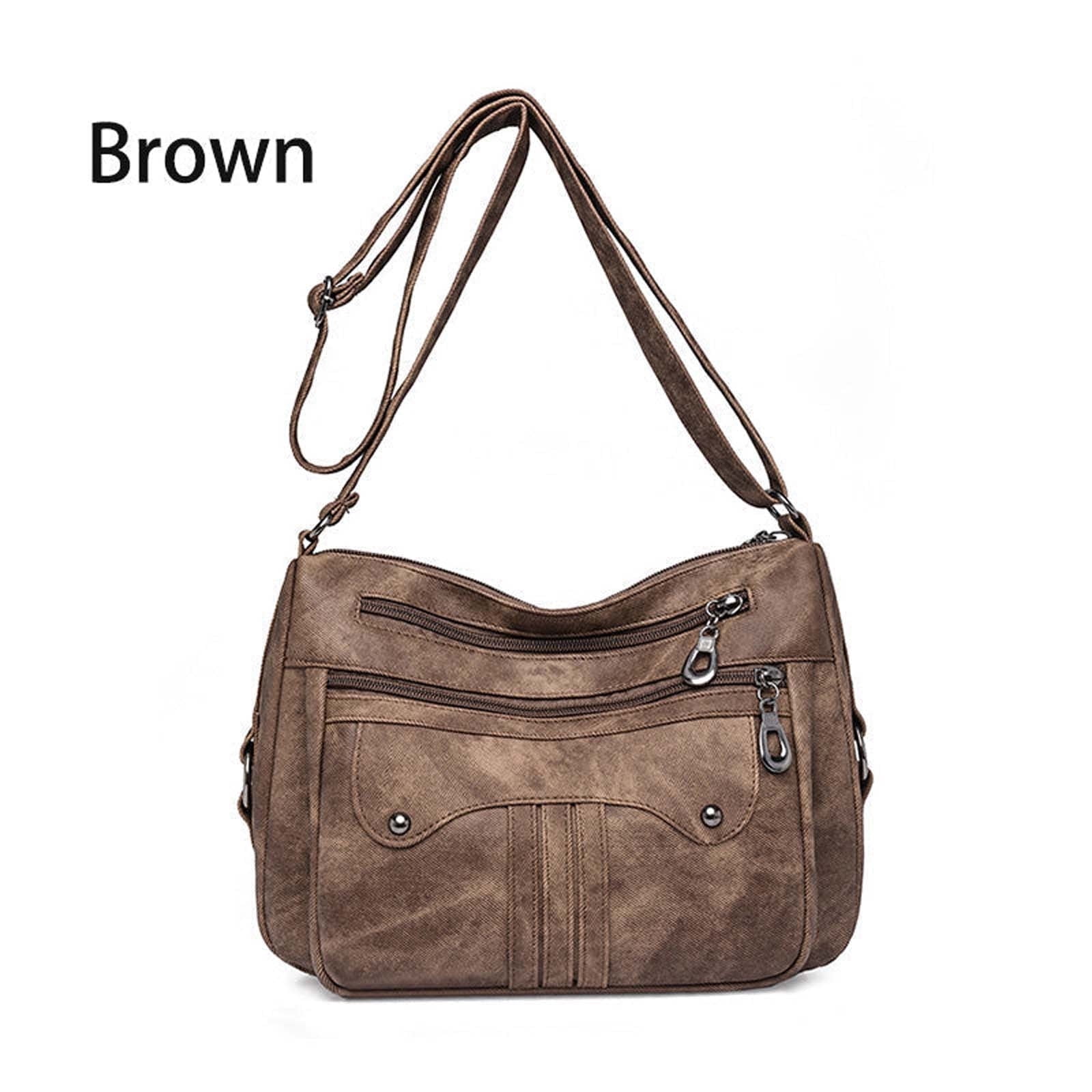Brown Large Capacity Shoulder Bag Washed Leather Tote Bag For Women Multipurpose Mom Bag Crossbody Purse With Adjustable Strap Multiple Pockets Vintage Style Handbag For Daily Use