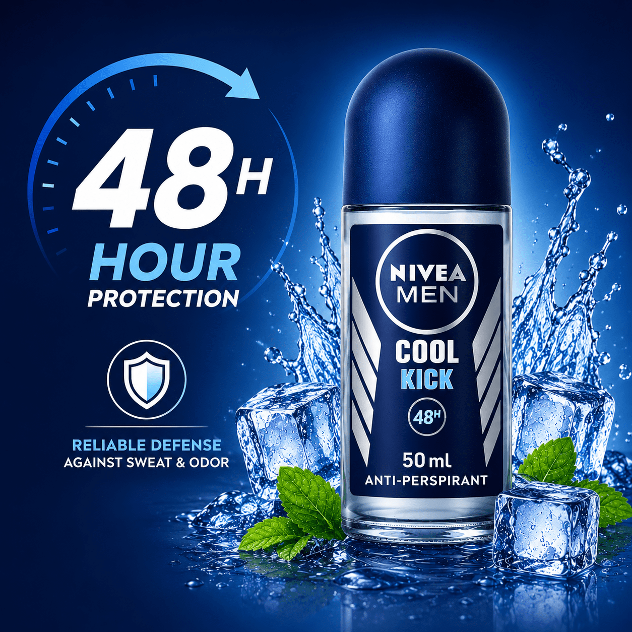 NIVEA MEN Cool Kick Anti-Perspirant Deodorant Roll-On, 50 mL Each, 6 Pack – 48 Hour Sweat & Odor Protection, Instant Cooling Freshness