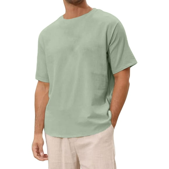 2025 Men's Linen Solid Color Black Shirt Short Sleeve Crew Vintage T-Shirts Neck Beach Top Vintage Workout Shirts for Men T Shirt for Men