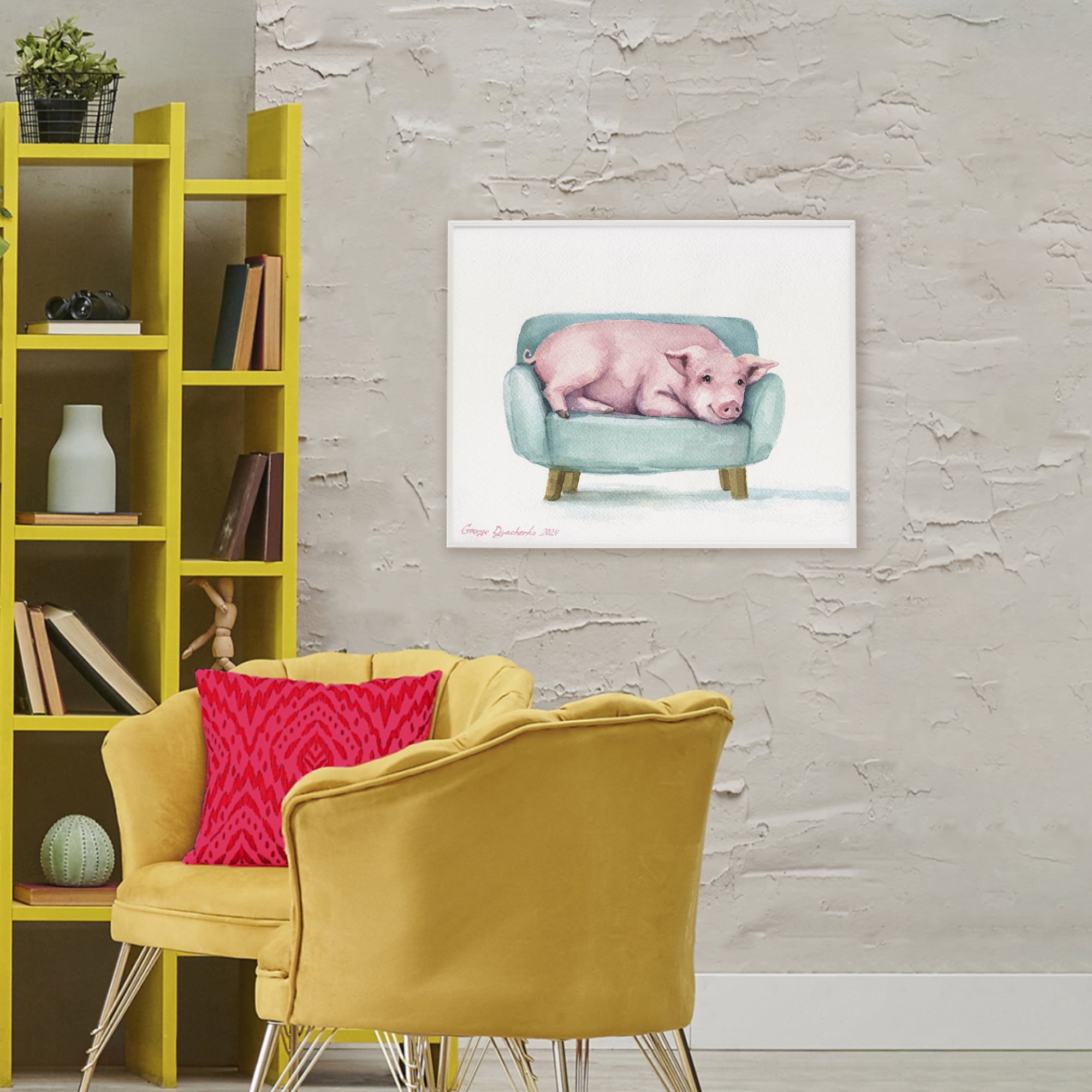 Stupell Industries Cute Piglet on Armchair White Framed Giclee Art, design by George Dyachenko