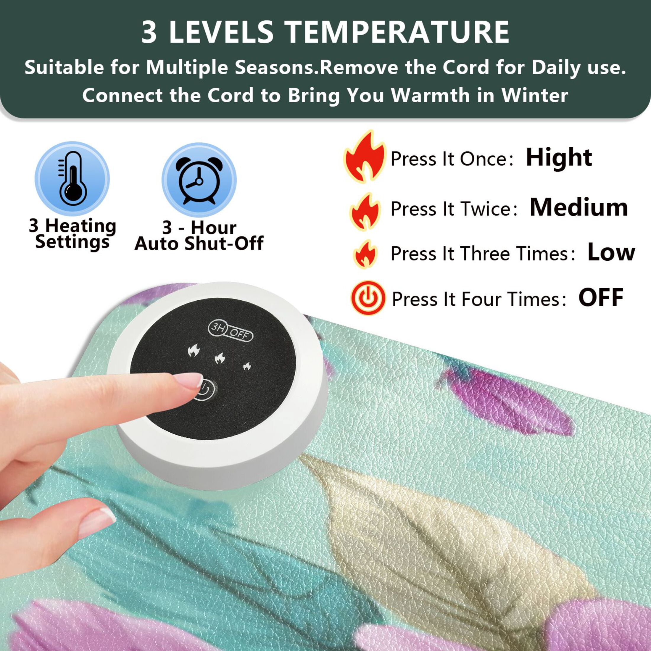 Large Heated Desk Mat Mouse Pad 31.5"x13"PU Leather Graphene Heating Desk Warmer with 3 Temperature Settings 110V US Plug Non-Slip Warm Pad for Home, Office, and Gaming Teal Purple Floral Print