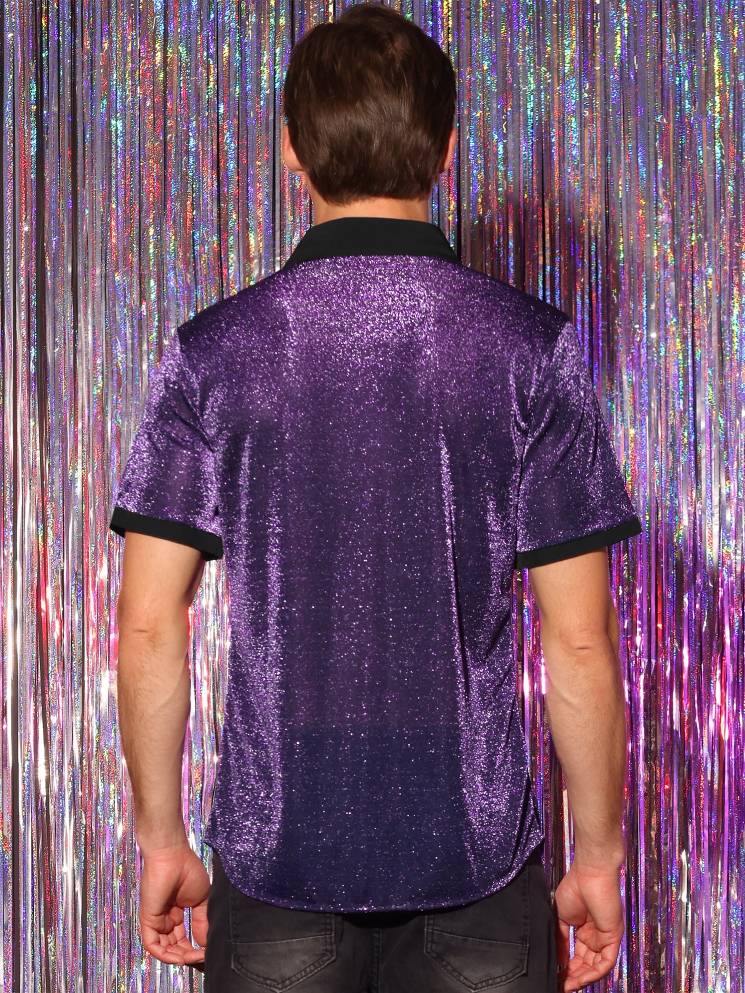 DARING DIVA Men's Metallic See Through Short Sleeves Disco Shiny Sheer Shirts XL Purple
