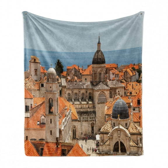 European Soft Flannel Fleece Throw Blanket, Aerial View on the Old City of Dubrovnik Walls Medieval Croatia European View, Cozy Plush for Indoor and Outdoor Use, 70" x 90", Multicolor, by Ambesonne