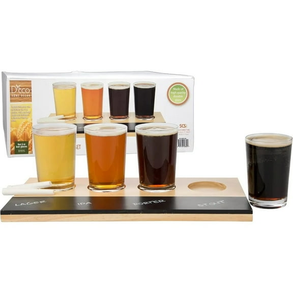 Beer Tasting Flight Sampler Board - Set Includes Four 6 oz Pilsner Craft Brew Glasses & Wooden Paddle w Chalkboard - Great for Father' Day, Game Nights & Taste Testing Ales
