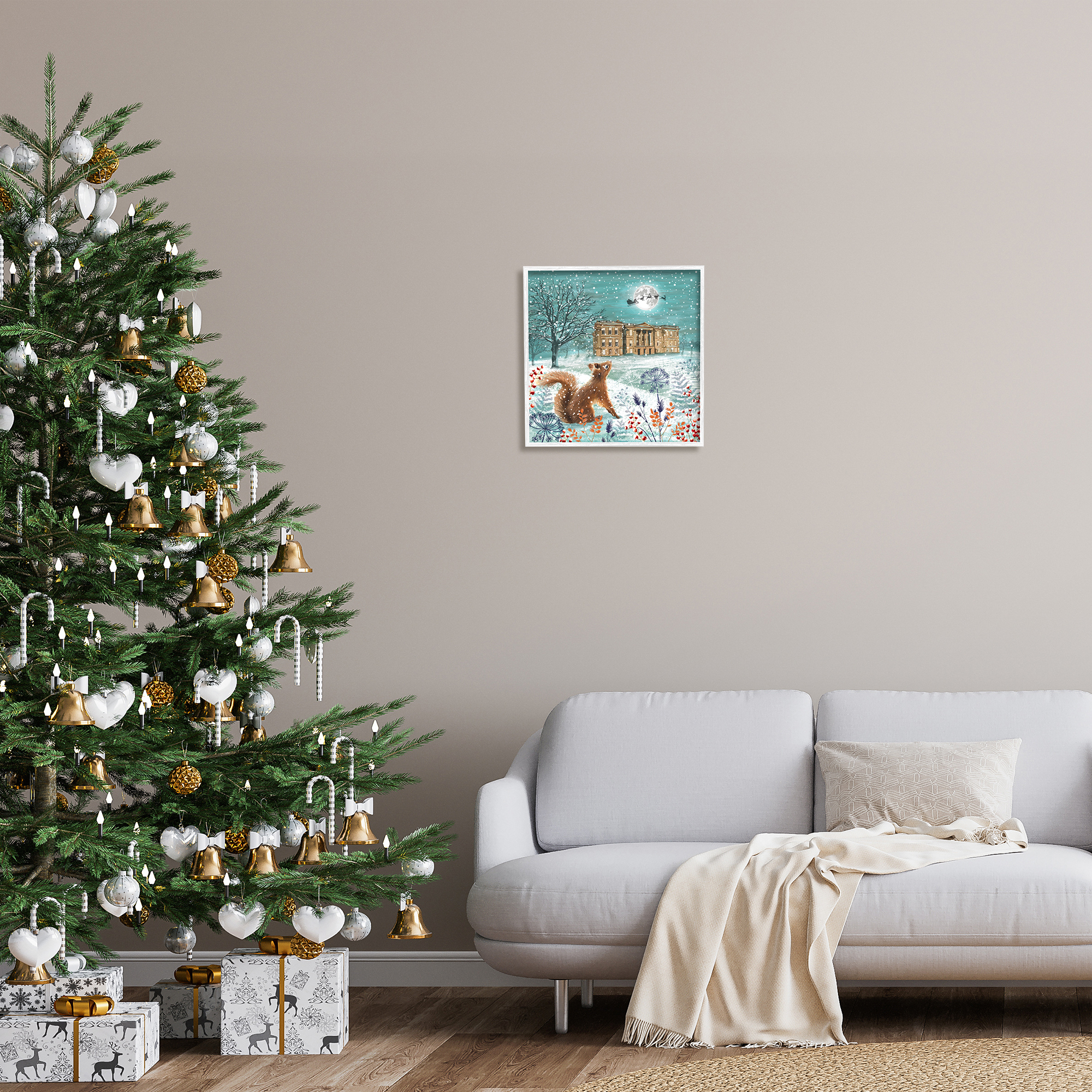 Stupell Industries Squirrel Watching Santa Claus Holiday Painting White Framed Art Print Wall Art