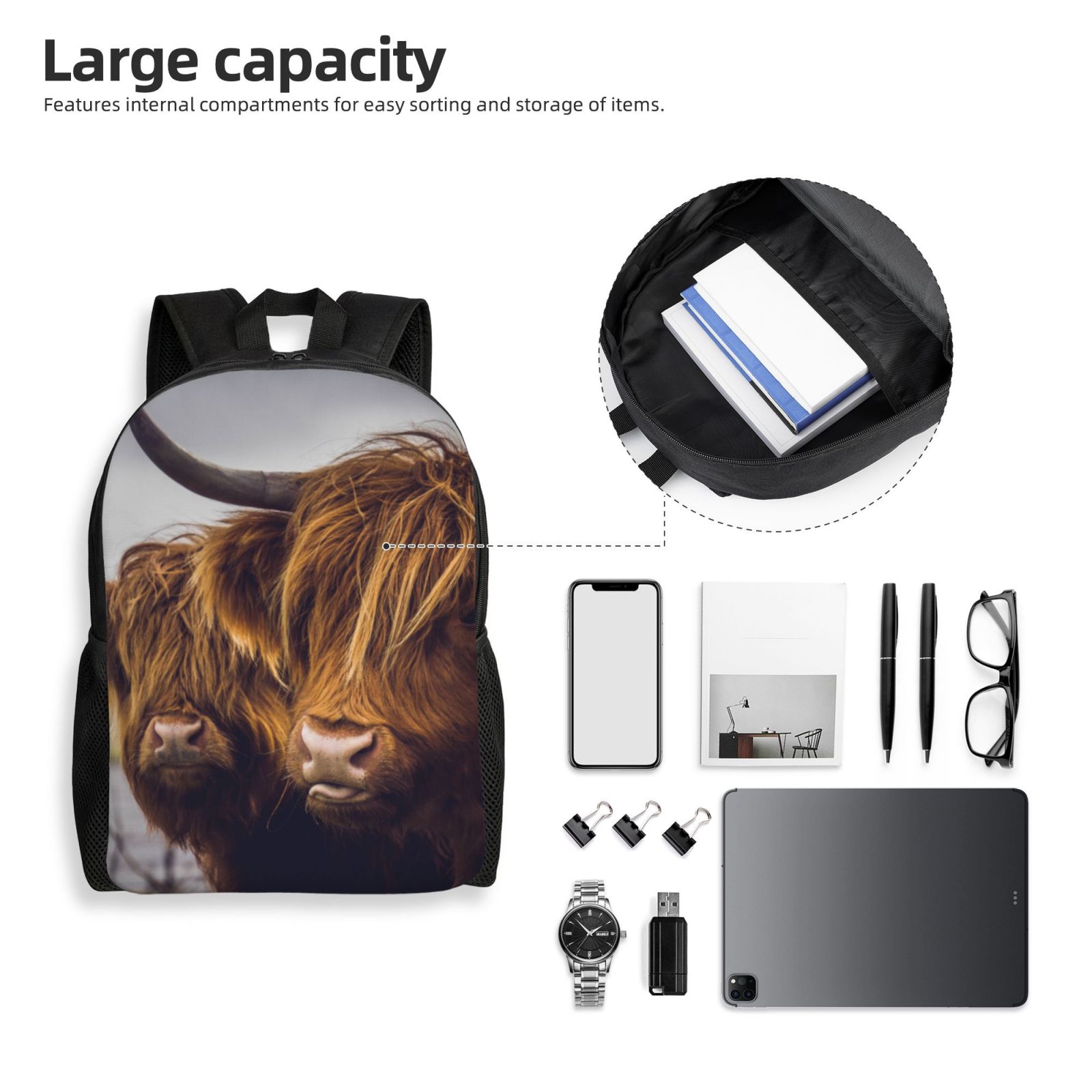 Defioc Portrait Of Cow With Its Baby Cow Print Backpack -Travel,or Work Bookbag Daypacks with 15-Inch Laptop Sleeve and Dual Water Bottle Pockets