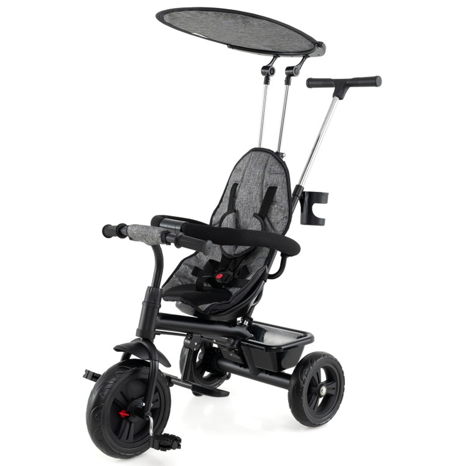 Redsmile 7-in-1 Baby Stroller Tricycle for Toddlers Ages 9-60 Months, Kids Trike with Adjustable Push Handle, Canopy, 5-Point Harness, All-Terrain Toddler Tricycle, Gray