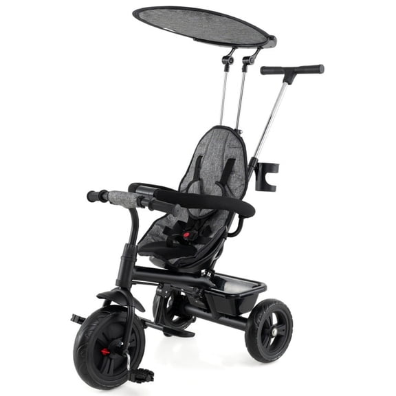 Redsmile 7-in-1 Baby Stroller Tricycle for Toddlers Ages 9-60 Months, Kids Trike with Adjustable Push Handle, Canopy, 5-Point Harness, All-Terrain Toddler Tricycle, Gray