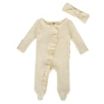 thumbnail image 1 of Barboteuse Bebe Fille Newborn Baby Girls Spring Fall Solid Knit Ruffle Footies Romper Jumpsuit with Headband Outfit Baby Overalls Beige 0 Months-3 Months, 1 of 7