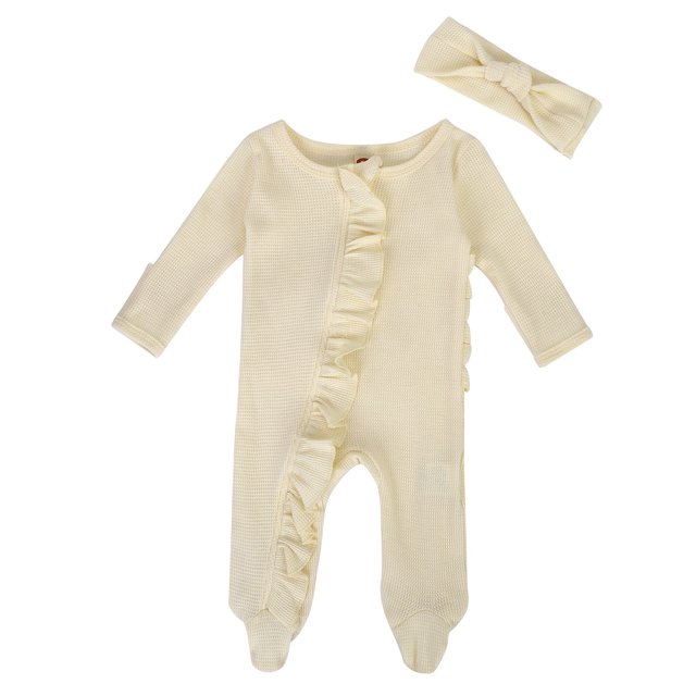 Barboteuse Bebe Fille Newborn Baby Girls Spring Fall Solid Knit Ruffle Footies Romper Jumpsuit with Headband Outfit in beige, designed for newborns to 3 months. The outfit features a waffle knit texture, long sleeves, ruffle detailing along the zipper, and footed bottoms. Includes a matching headband. Made from a soft cotton blend for comfort and warmth, suitable for casual wear, baby showers, or photography sessions.