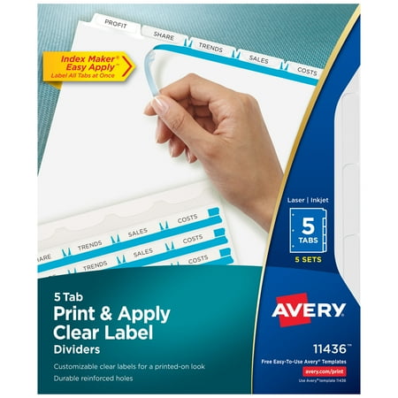 UPC: 0072782114367 | Avery 5 Tab Dividers for 3 Ring Binder  Easy Print & Apply Clear Label Strip  Index Maker Customizable White Tabs  5 Sets (11436)