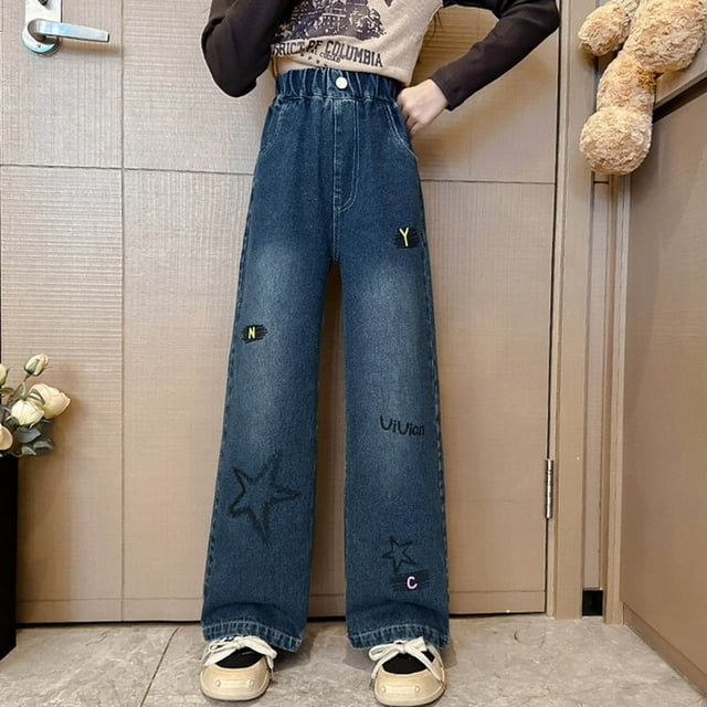 Cowsor Girls Baggy Jeans Distressed Denim Pants Elastic Waist Wide Leg Jeans for Girls Kids Loose