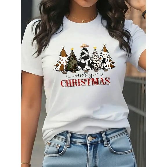 Woman Christmas Shirt Cowboy Christmas Tree Graphic T-Shirt Pure Cotton Casual Short Sleeve Top