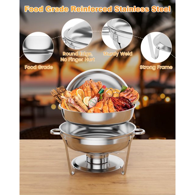 BeesClover Plats Ronds Frotteurs pour Buffet 2 Pack, Serveurs et Réchauffeurs en Acier Inoxydable 5QT avec Couvercle Ensemble Complet, Réchauffeurs de Nourriture pour Restauration, Fêtes, Mariage (Argent)