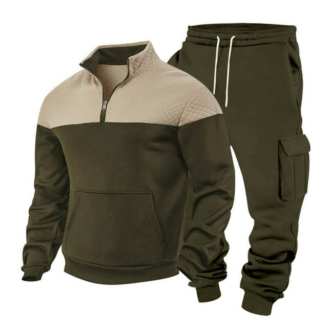 CAUYDY Men's Fleece Sweat Suits 2 Piece Set Warm Winter Outfits Quarter Zip and Cargo Sweatpants Tracksuit Jogging Suits(AG,2XL)
