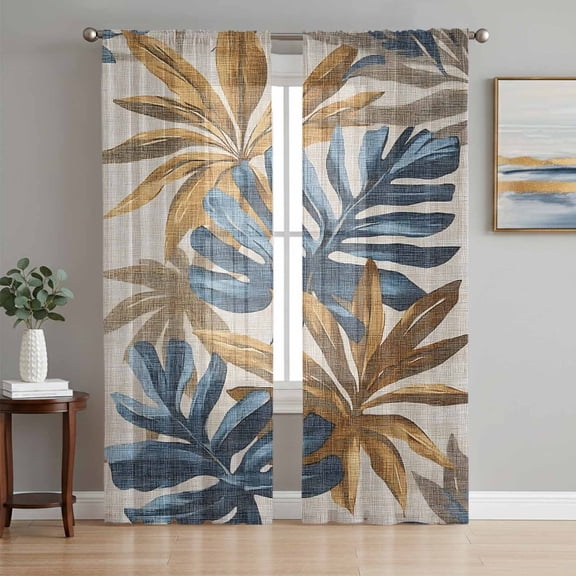 Navy Blue Brown Sheer Curtains 63 Inch Length 2 Panels Set, Vintage Elegant Botanical Palm Leaves Voile Window Treatment Rod Pocket Curtains Sheers Drapes for Bedroom/Living Room/Kitchen 52x"63"x2