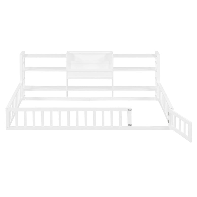 Twin Size Floor Bed with Integrated Bookcase and 3-Tier Storage Shelves, Low Profile Wood Toddler Bed Montessori Bed with Safety Guardrails for Boys Girls