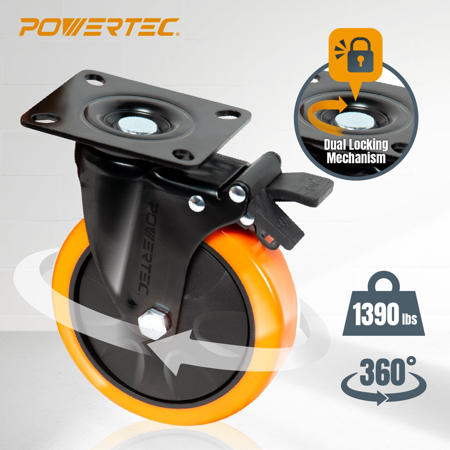 POWERTEC 6 inch Swivel Caster Wheels Set of 4 with Dual Locking Brake - 1390 lbs Loads Heavy Duty Industrial Grade - Ideal for Heavy Equipment, Automotive Workshop, Cart, Dolly and Workbench, 17216N