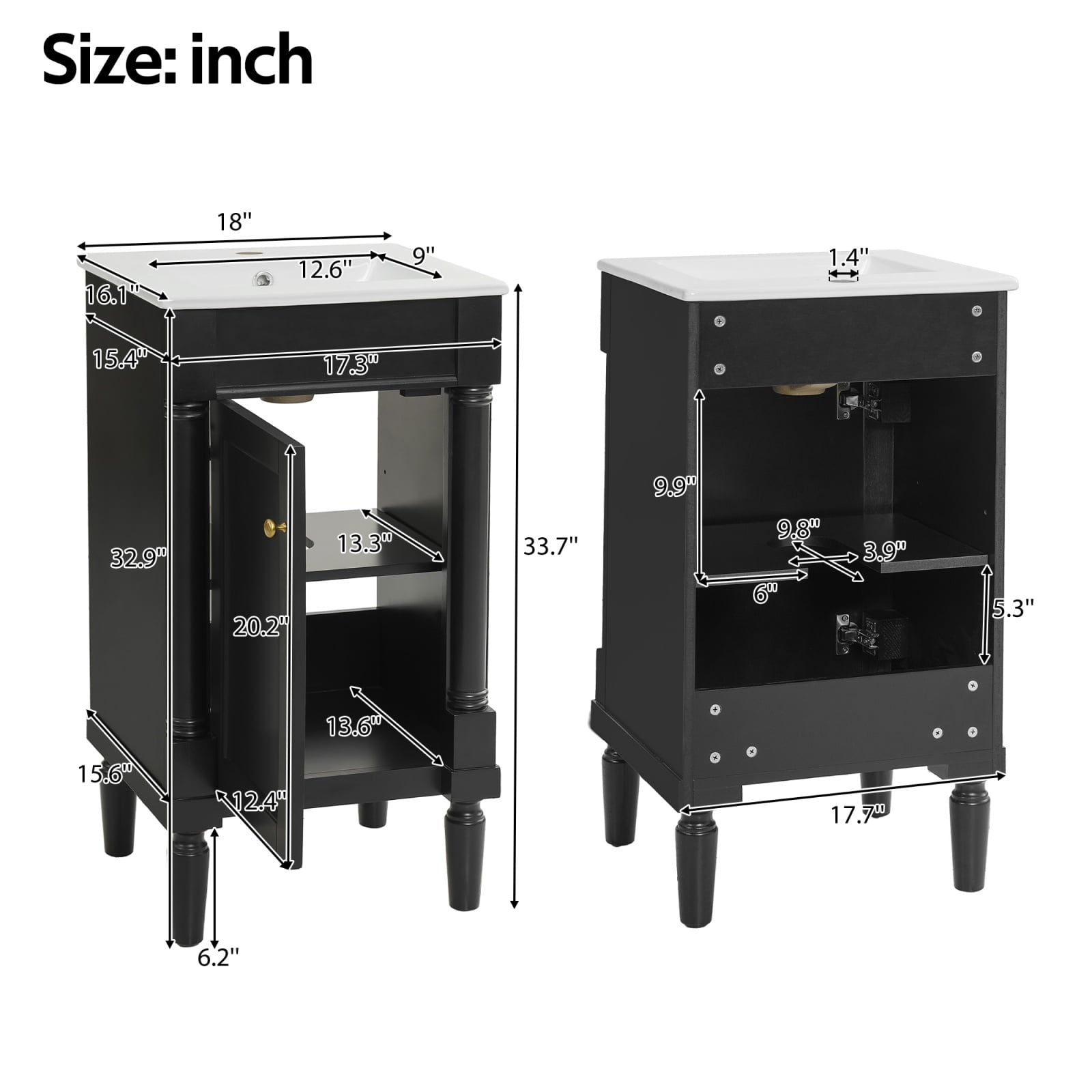 18" Bathroom Vanity Cabinet with Ceramic Sink, Small Bathroom Storage Cabinet with Adjustable Shelf, Soft Close Door, Space Saving Bathroom Sink Cabinet