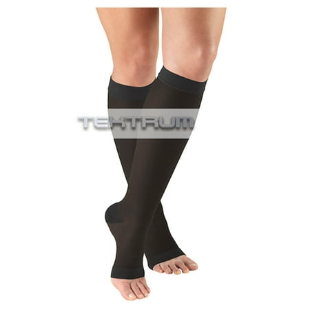 Tektrum - A Pair of Knee High Firm Graduated Compression Socks 23-32mmHg for Men & Women - Best for Maternity Pregnancy, Sports, Flight Travel - Open Toe, Black, Large US/X-Large