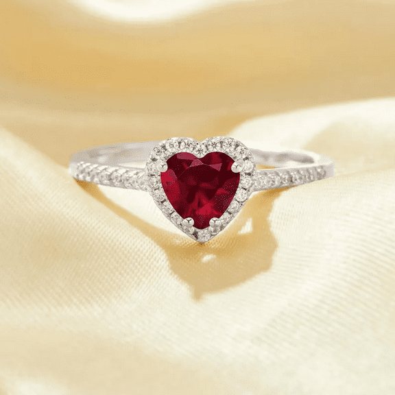 6MM Heart Cut Ruby & Diamond Ring in 925 Sterling Silver - Dainty Halo July Birthstone Ring For Her